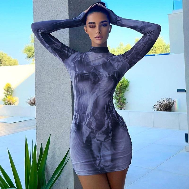 2024 Autumn/Winter Fashion: European & American Women's Slim Fit Long Sleeve Round Neck Dress with Print Design