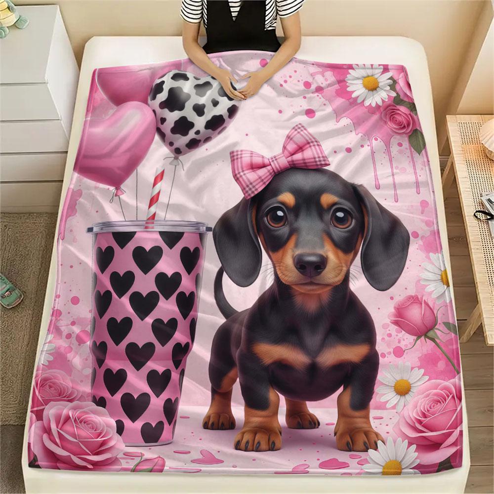 1Pc Dachshund Print Flannel Blanket, High quality Comfortable for All Seasons, Home Decor, Warmth and Comfort, Perfect for Christmas Gifts