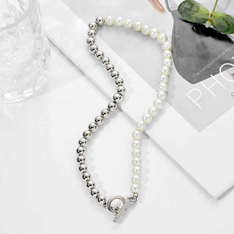 Minimalism Gold Bead Imitation Pearl Splicing OT Buckle Necklace for Women Collision Clavicle Chain Jewelry