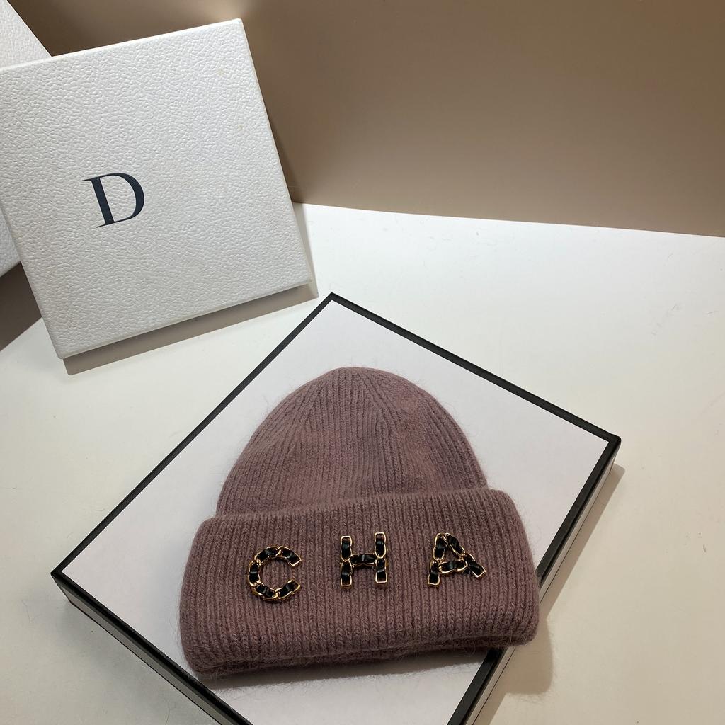 Chain Letter Cha Simple Wool Hat Winter Warm Rabbit Hair Double Fold Knitted Hat Outdoor Ear Protection