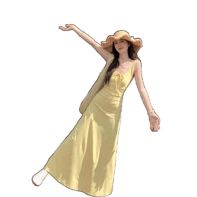 Yellow Floral Lace-Up Camisole Dress for Women - French Summer Style, Cinched Waist, A-Line, Slim-Fit Skirt