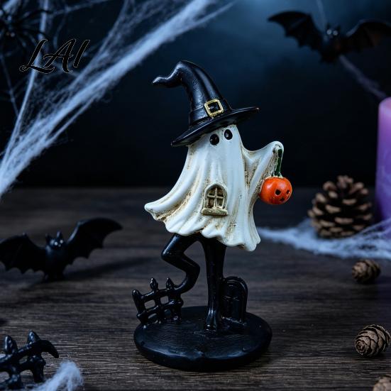 Halloween Ghost Figurine Resin Figurine Vintage Cute Holding Mysterious Witchy Tabletop Display Pumpkin Lantern Statue for Indoor Home Table