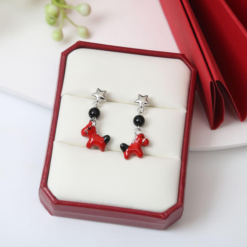 Year of the Horse 925 Sterling Silver Diamond Enamel Stud Earrings with Pearls - Retro High-End Design