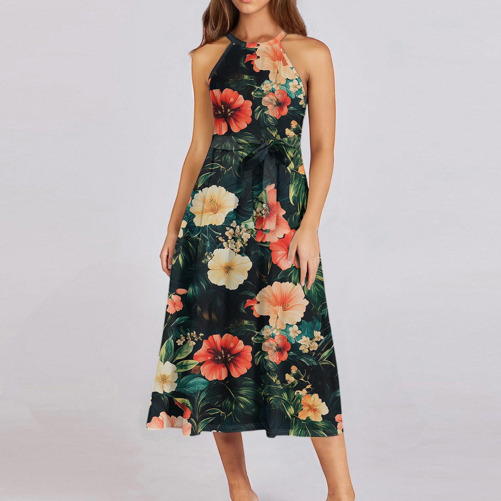 

Женское повседневное платье миди с круглым вырезом, классическое, повседневное, без рукавов, свободное платье в стиле бохо с завязками, летний пляжный сарафан XXL