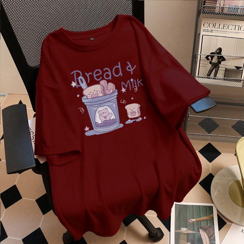 Japanese Cute Plus Size Purple Printed Cotton T-Shirt for Women - Loose, Short Sleeve, Summer Style