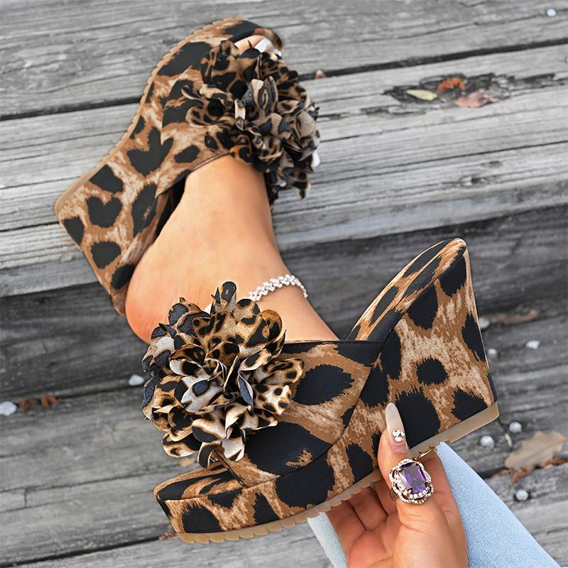Flower Decor Wedges Sandals for Women Fashion Leopard Chunky Platform Party Slippers Woman Plus Size Thick Sole Non Slip Sandals