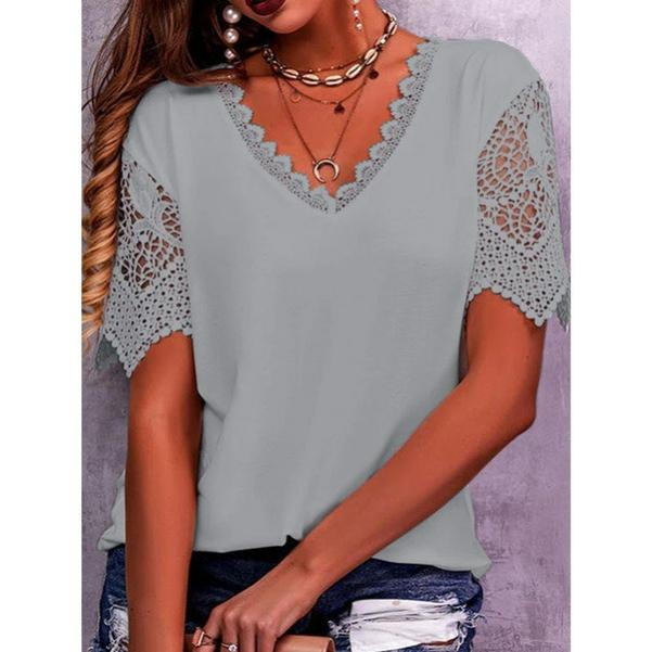 

Women s T-shirt Hot Product Lace Stitching Loose V-neck Short-sleeved T-shirt 5XL сірий