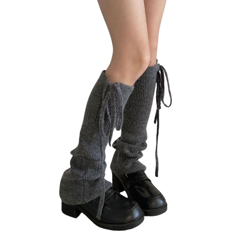 Fashion Vertical Striped Foot Covers Ribbed Knitted Leg Warmers for Cold Weather Footless Boot Socks with Tie Drawstring