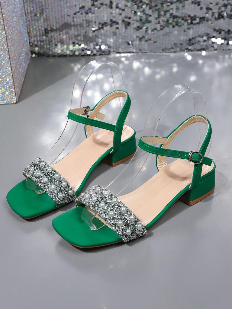 Mode Kristall Damen Mittelhohe Absätze Sandalen Elegant Absatzschuhe 2025 Sommer Mode Klobige Pumps Eckige Zehenpartie Flach Schnalle Schuhe für Frauen