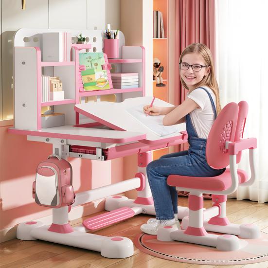Scrivania e Sedia per Bambini Set, Set per Bambini Regolabile in Altezza con Libreria Cassetto Portaoggetti, Tavolo con Piano Inclinabile a 50 Gradi per Camera da Letto Bambini