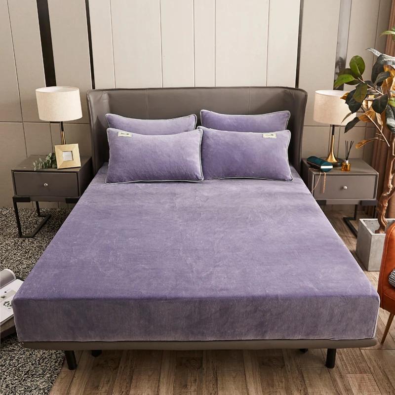 Winter Plush Fitted Sheet Elastic Double Bed Sheet Warm Bedspread Solid Color Mattress Cover Bed Linen Protector (No Pillowcase)