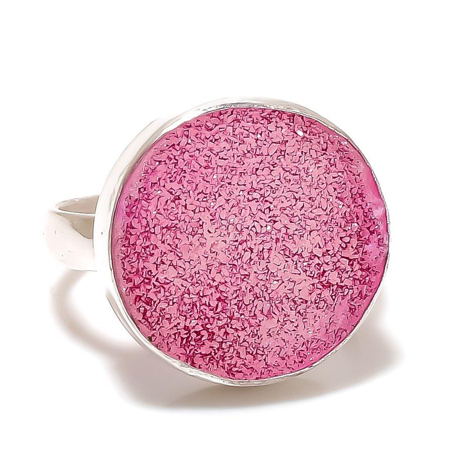 Pink Druzy Gemstone 925 Sterling Silver Jewelry Ring Size Adjustable GK-4394