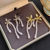 French Retro Iris Stud Earrings Pearl Beaded Tassel Simple And Sweet Long Face Small Earrings Women
