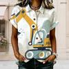 Women Plus Size Lapel Short Sleeve Blouse Cartoon Excavator Print Button Front Casual Daily Tops
