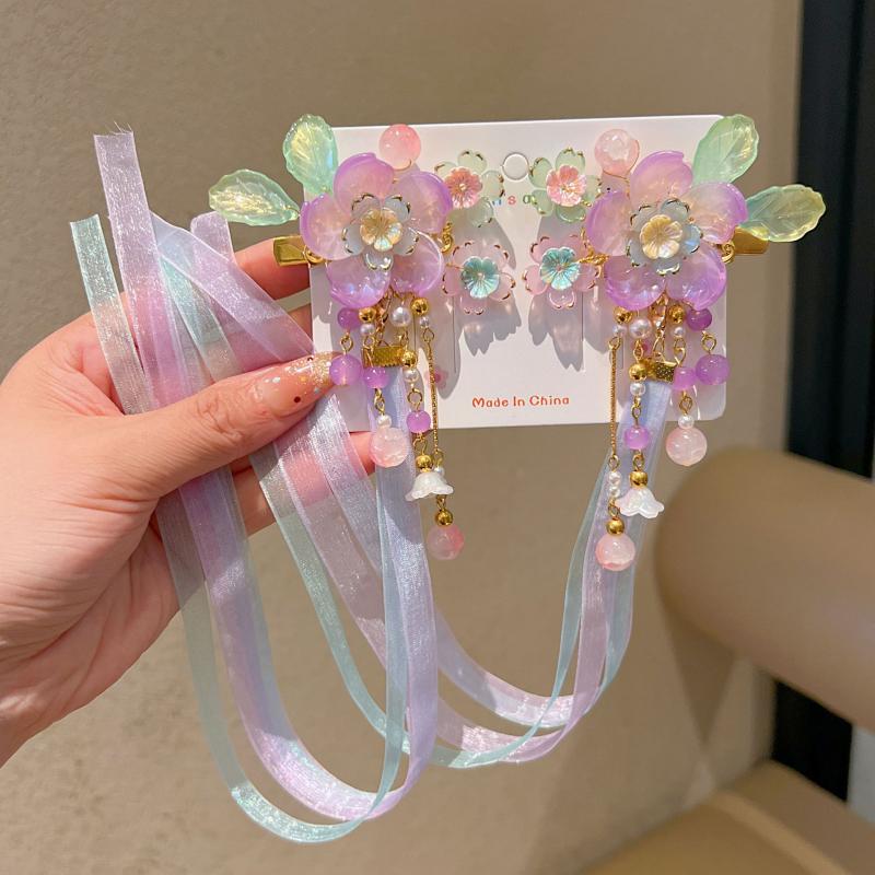 1 Pair Ancient Chinese Hanfu Girl'S Tassel Hair Clip Princess Style Flowing Silk Hairpin Adorable Headwear For Little Girls
