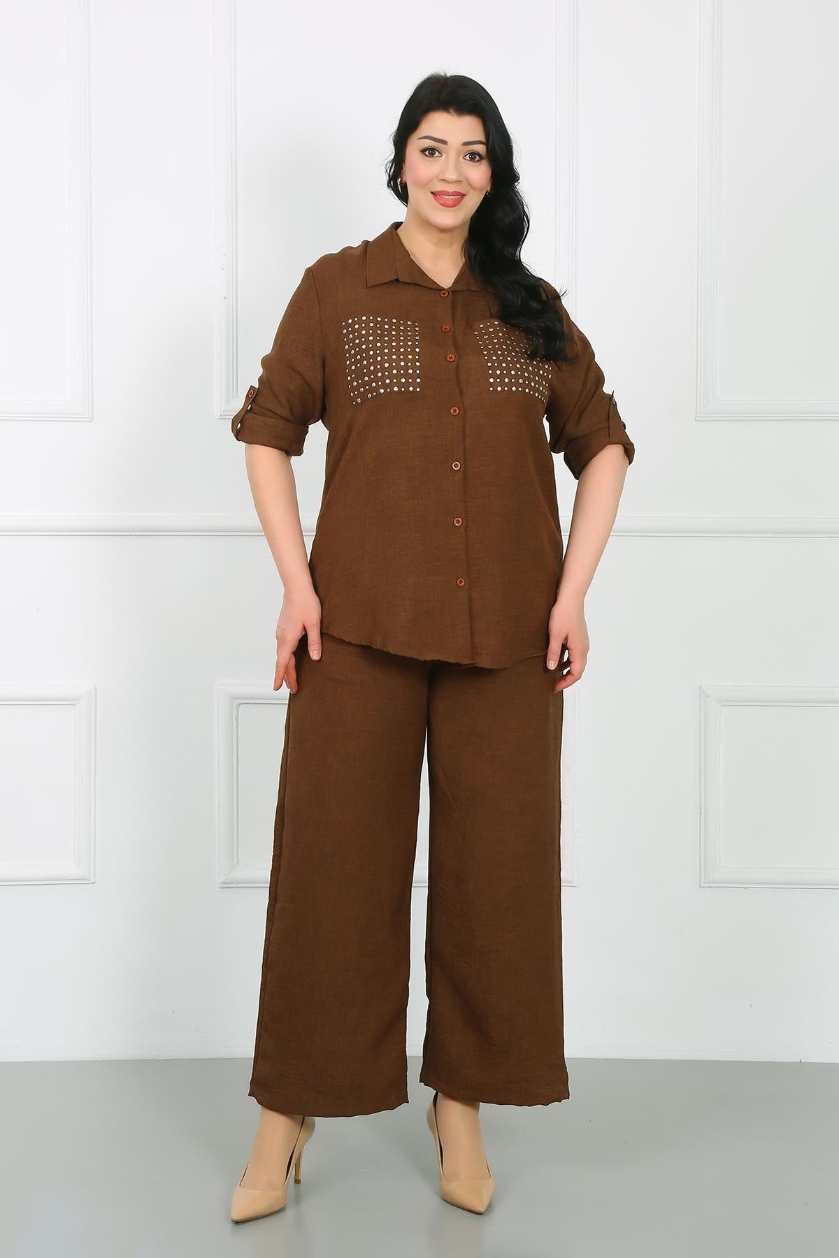 

Women s Style Plus Size Shirt Tan Pocket Stoned Soft Linen Big Size Shirt 2XL