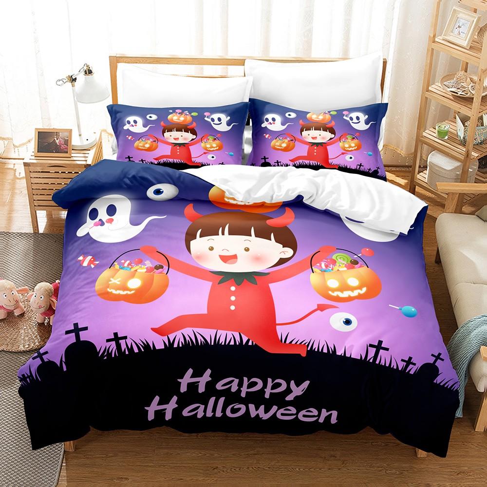 3-teiliges Halloween-Bettwäsche-Set Halloween-Dekoration Cartoon-Kürbismuster Schlafzimmerdeko für Kinder Halloween-Geschenke