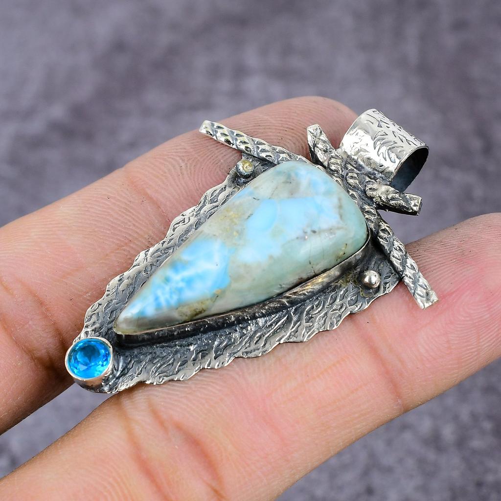 Natural Republic Larimar, Topaz Gemstone 925 Sterling Silver Pendant 2.25" ET-1436