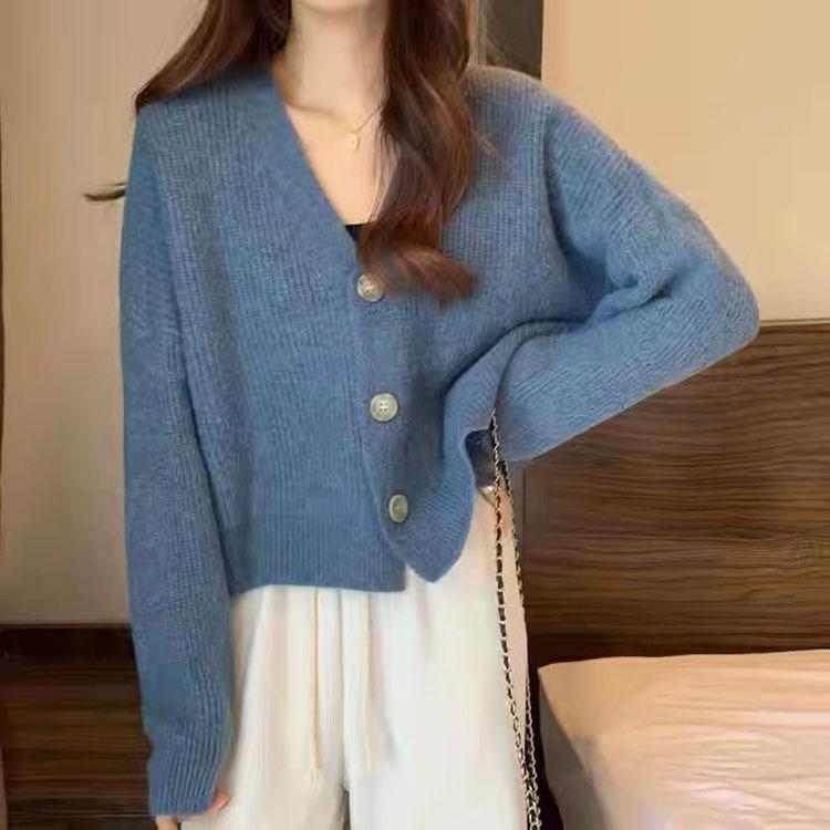 Women's V-Neck Knitted Cardigan - Casual Korean Style with Long Sleeves, 2023 Trendy Fashion for Students