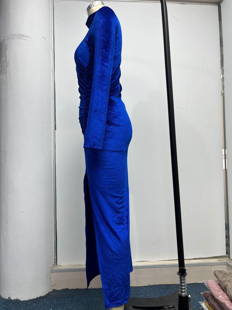 2023 European & American Style High Neck Velvet Long Dress with Slim Fit, Ruched Detailing & Slit - Autumn/Winter Women’s Fashion