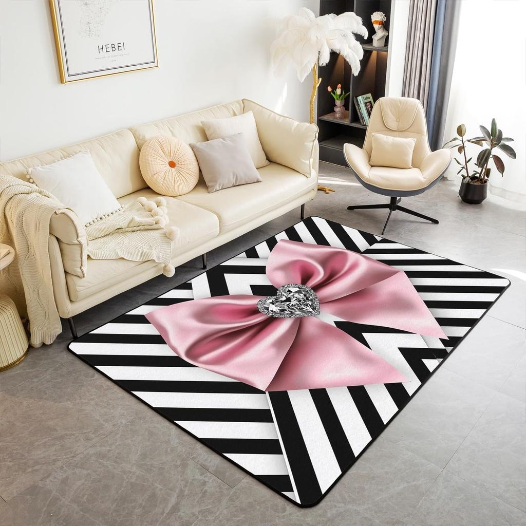 Erosebridal Bowknot Living Room Rugs for Girls, Girly Bow Knot Decorative Carpet Stripes Diamond Area Rug 6'6" x 4'11" for Kids Women, Kawai