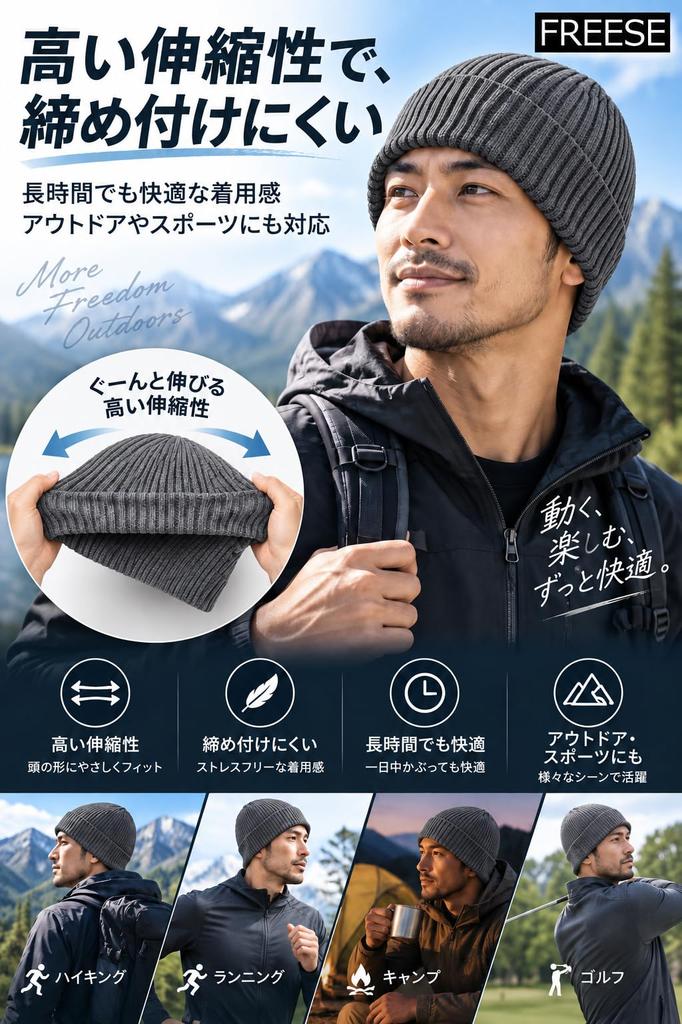 Knitted Cap with Highly Soft Rayon Beanie for Men [FREESE] Earmuffs, Warm, Insulating, (Black)