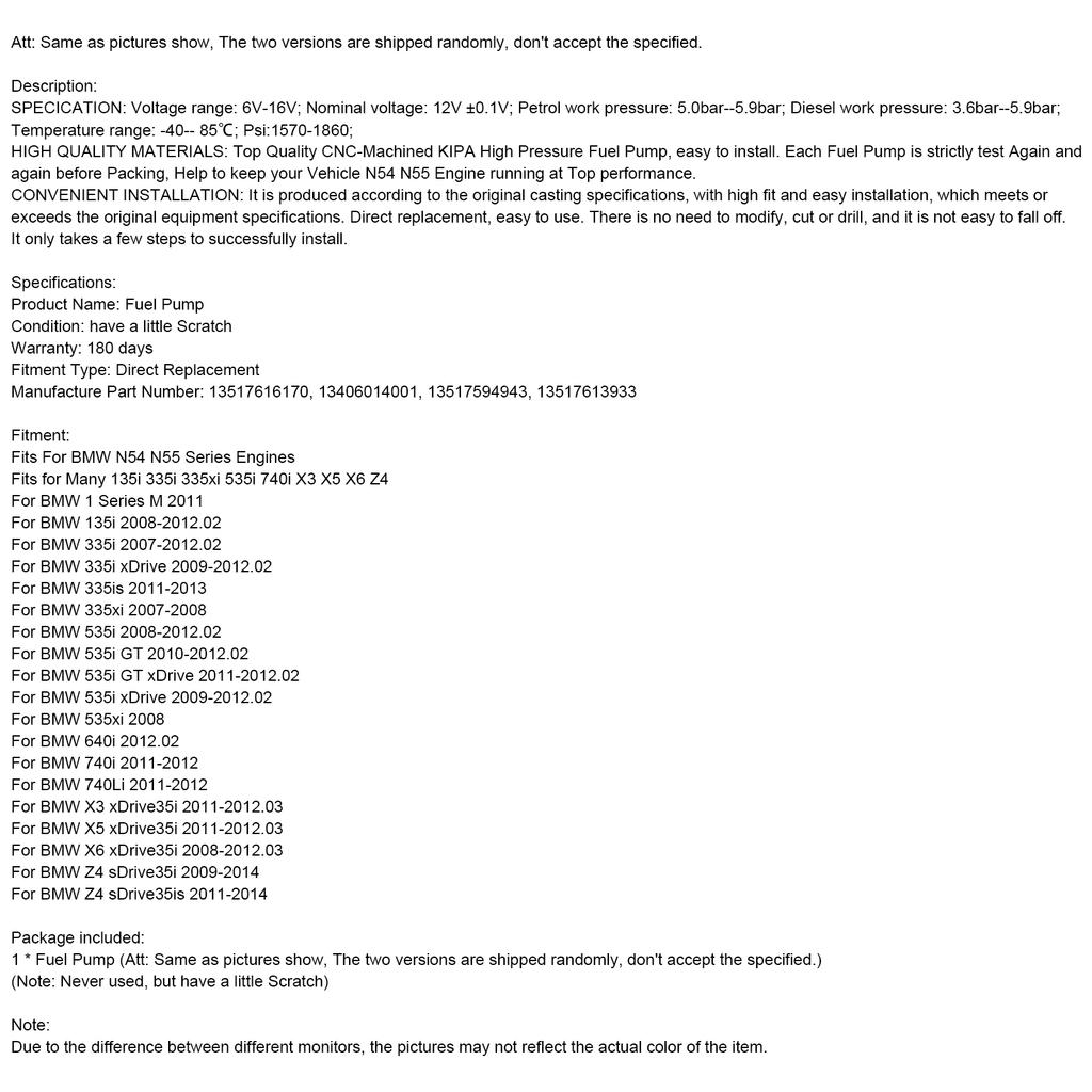 High Pressure Fuel Pump 13517616170 Fit BMW N54/N55 Engine 335i 535i 535i X5 X6