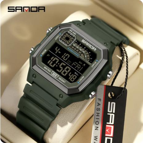 SANDA 6196 Relógio Digital Masculino Pulseira de Silicone Quadrado Eletrônico LED Alarme Contagem Regressiva Tempo Duplo À Prova d'Água Esportivo Casual
