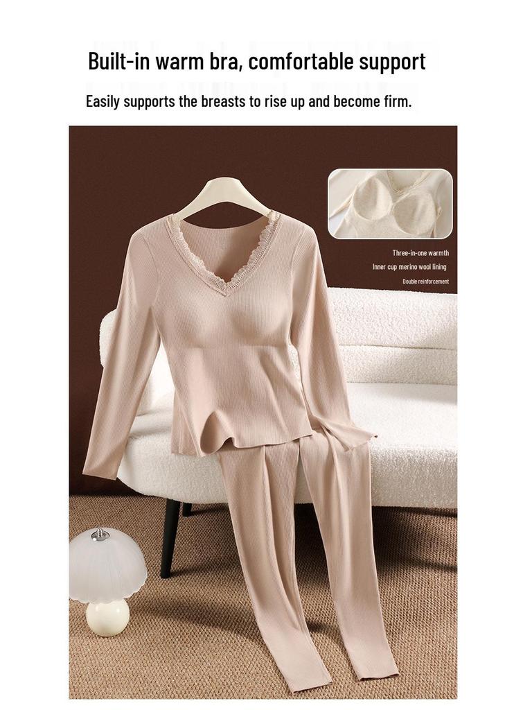 Women's Cashmere Silk Lace Seamless Thermal Set with Chest Pads: Slimming Base Layer for Autumn/Winter