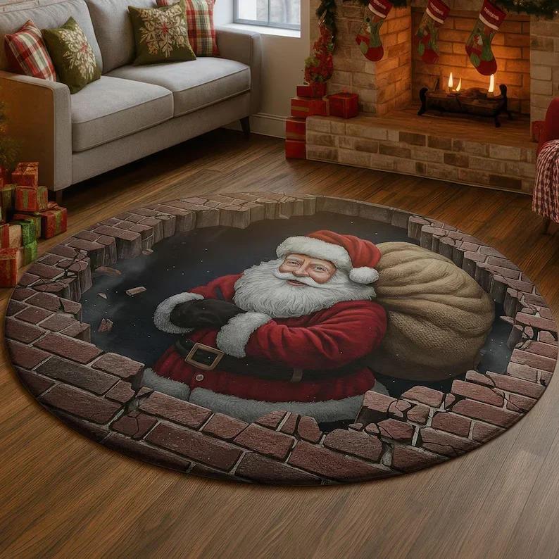 Christmas Santa Workshop 3D Printed Rug Cozy Holiday Illusion Carpet Santa and Elves Floor Mat Christmas Living Room Decor