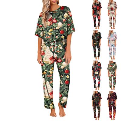 Women's Ice Silk Satin Christmas Print Pajama Set Short Sleeve Shirt And Long Pajama Pants Set Soft Home Clothes