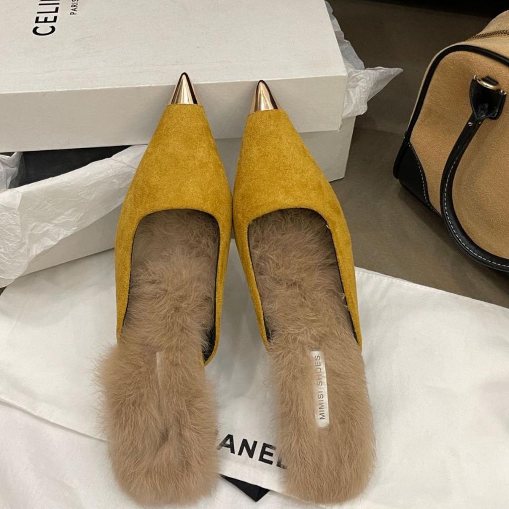 Baotou half-drag women's outer wear 2025 autumn new triangular thick heel medium heel fluffy shoes metal pointed low heel slippers