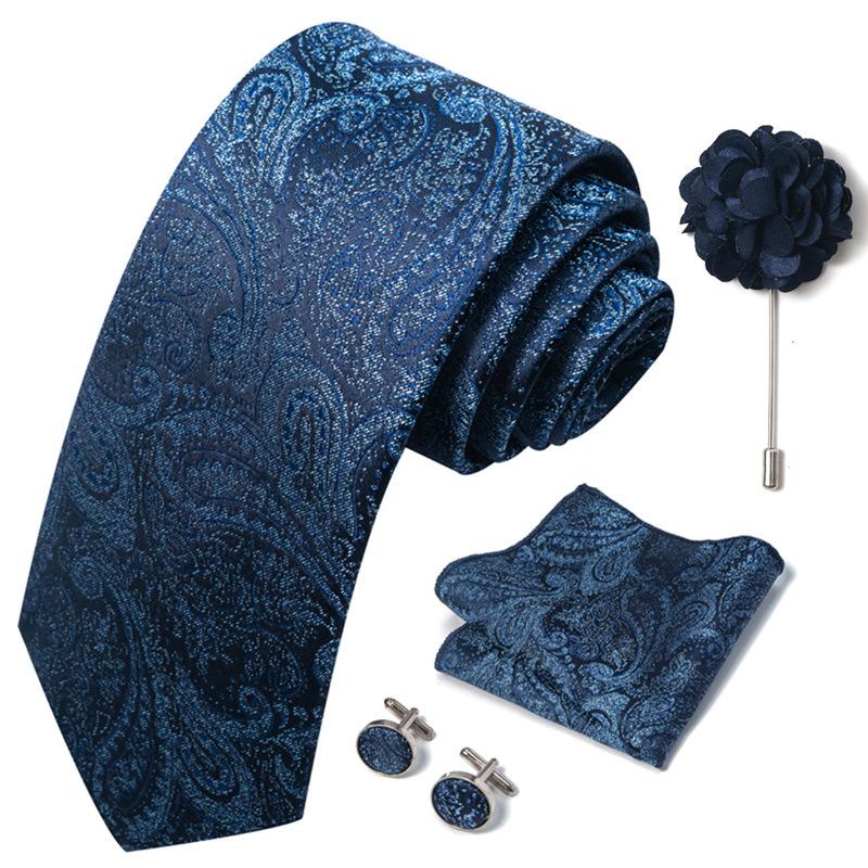 Men 8cm Wide Silk Wed Neck Tie Cufflinks Brooch Pin Handkerchief Business Wedding Party Suits Groom Accessories Gift