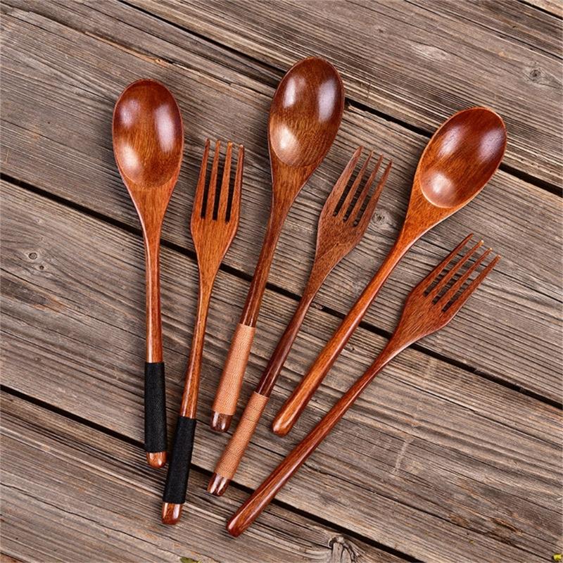 Japanese Style Long Handle Wooden Spoon And Fork Kitchenwares Set Portable Durable Utensils For Soup Serving Cooking Tool