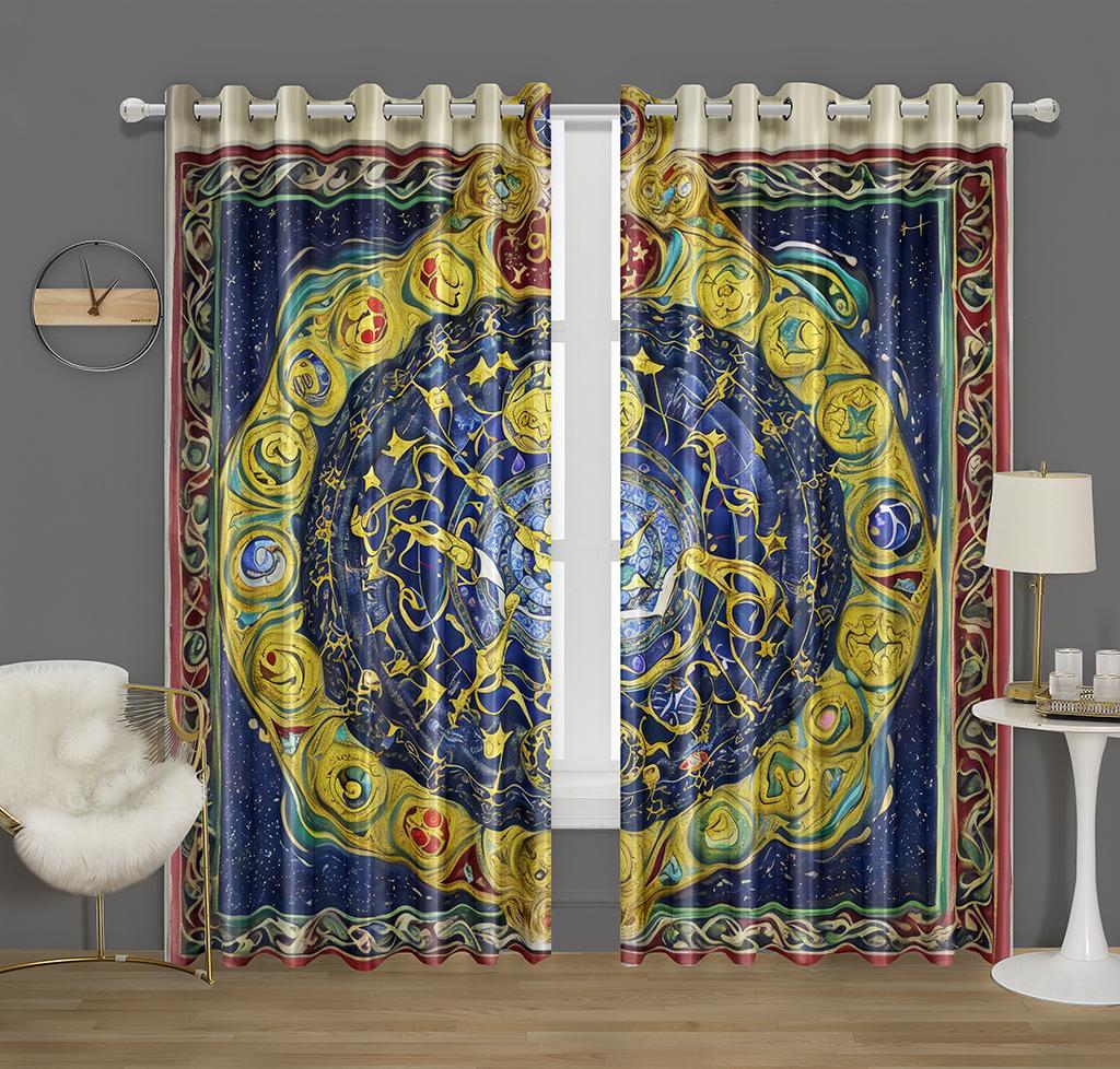 Mystic Zodiac Curtains 2 Panels 3D Print Sun Block Gold Blue Magic Pattern Bedroom Living Room Decor Starry Astrology Art