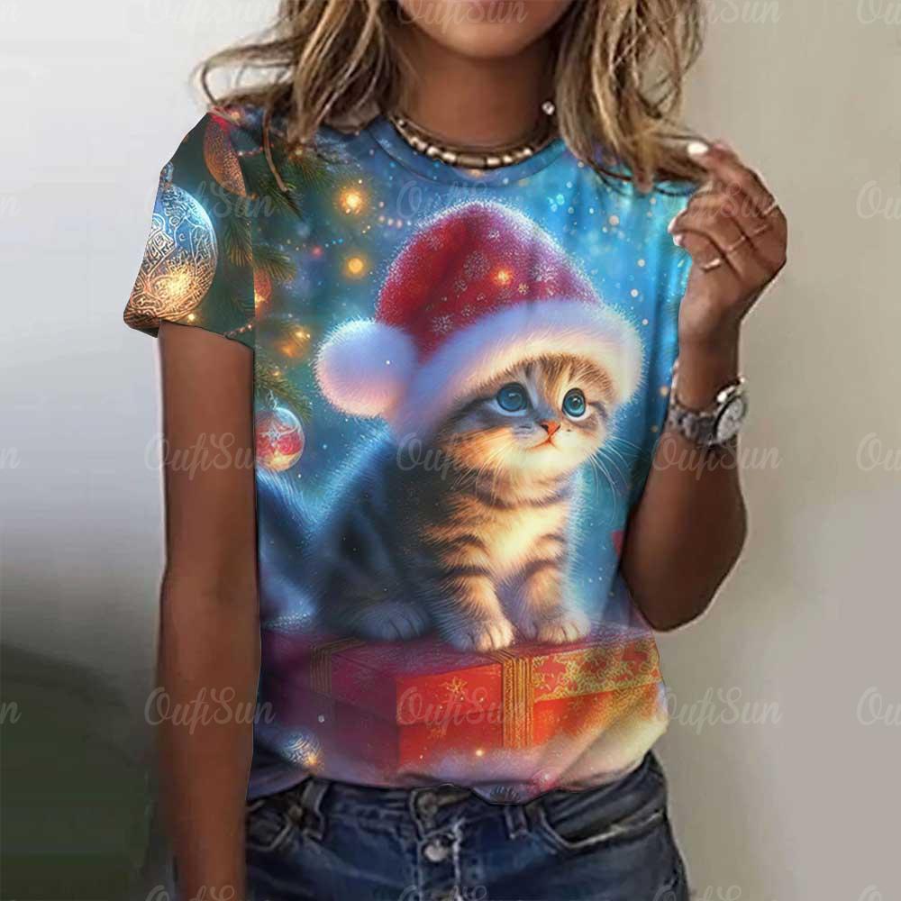 Damen Niedliches Katze Kurzarm T-Shirt Weihnachten Tiere Aufdruck Rundhals T-Shirt 2024 Mode Kleidung Sommer Lässig Oversize