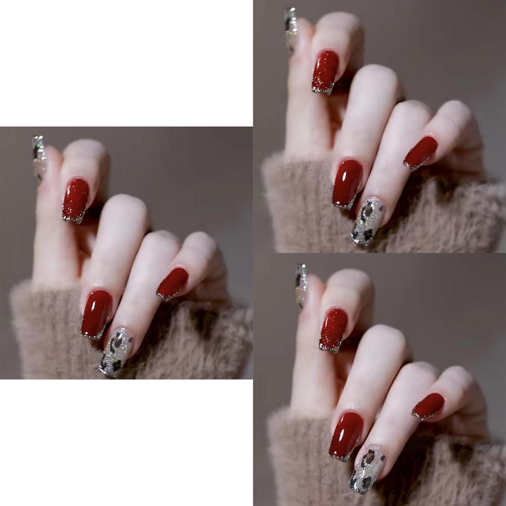 Handgemachte Schöne Nagelkunst Für Frauen Winter Leopardenmuster Weihnachten Kirschrot Karamell