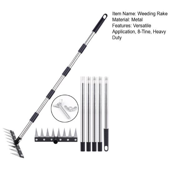 8-Tine Weeding Rake Adjustable Long Handle Weeding Tool Heavy Duty Weed Puller Manual Weeder for Garden Lawn Yard