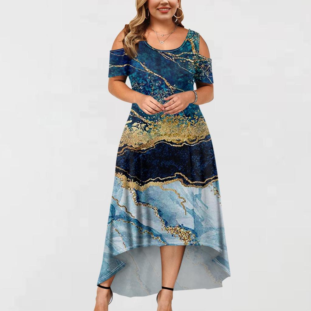 Women's Casual Fashion Printed Dress Round Neck Short Sleeve Pullover Dresses