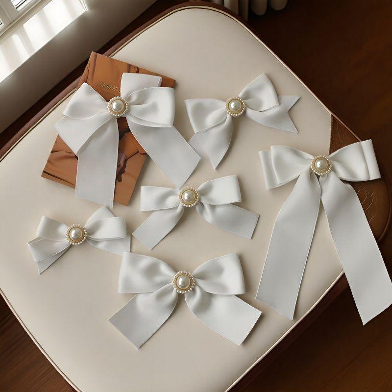 Off-White Cotton Pearl Bow Brooch: Cute Japanese Korean Style Ribbon Lapel Pin Corsage.