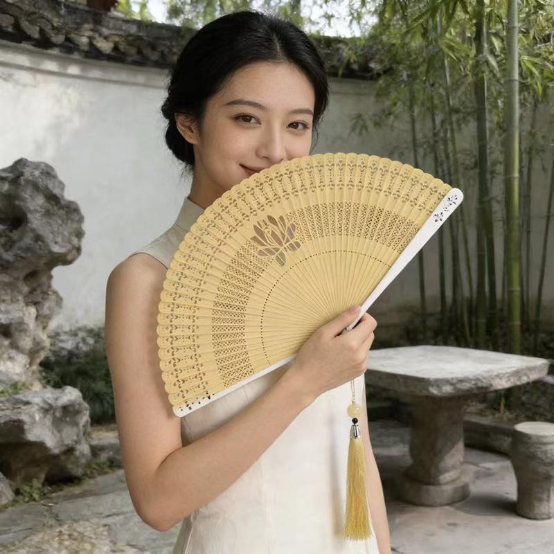 Luxury Bamboo Lotus Carved Tassel Folding Fan