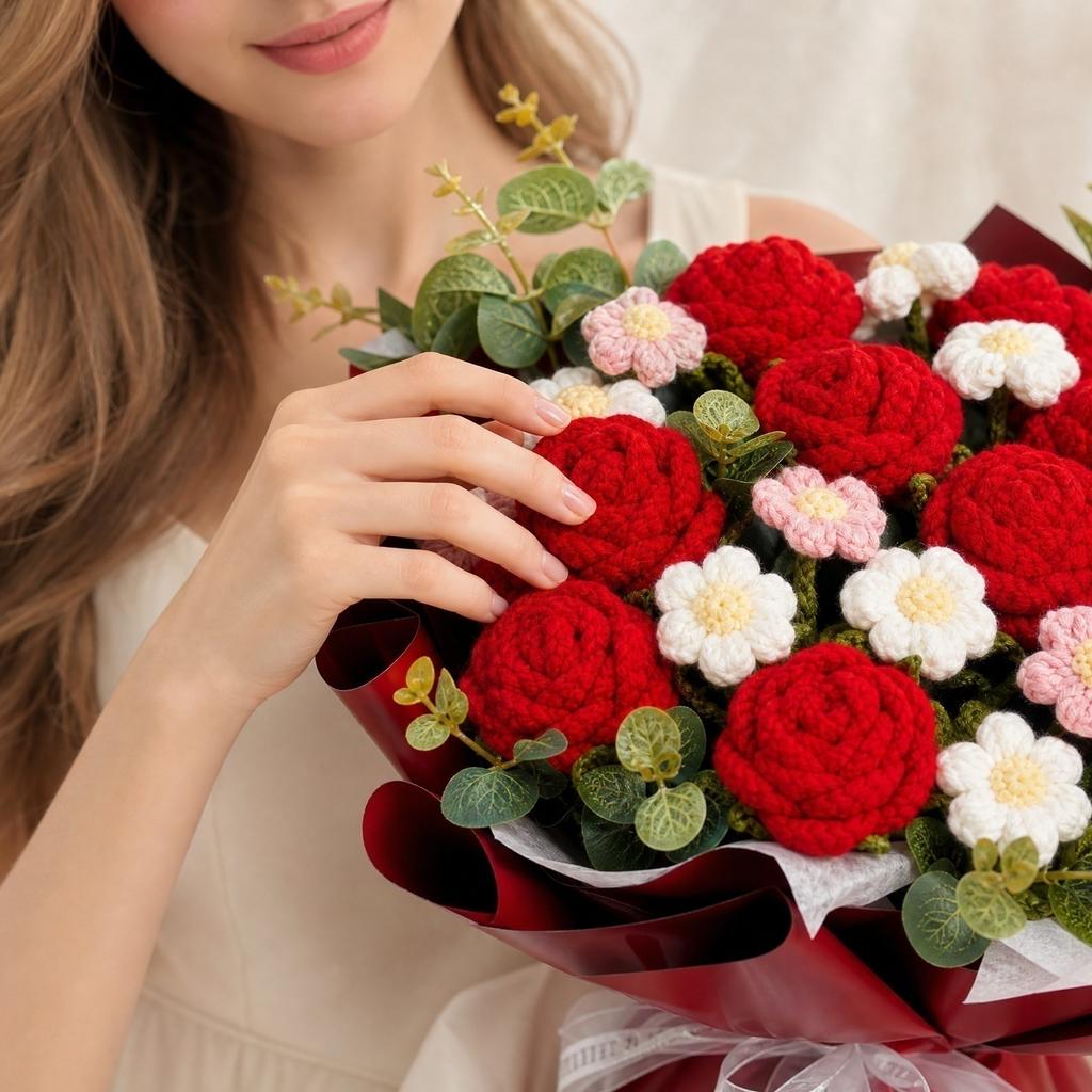 Hand Knitted Artificial Flower Bouquet, Home Decor Faux Floral Arrangement, Gift for