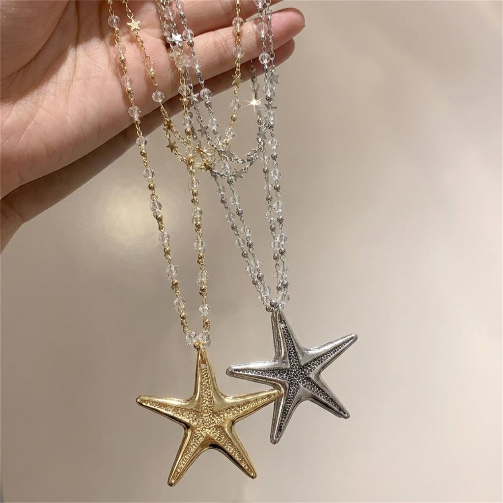 Double Layer Exaggerated Metal Big Starfish Pendant Necklace for Women Gothic Punk Crystal Beads Star Choker Y2K Party Jewelry