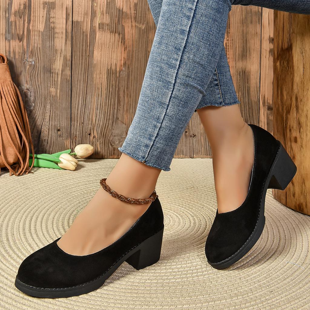 High Quality Spring and Autumn Women's Shoes Fashionable Round Toe Shallow Mouth Medium Heel Suede Slip-On Women's High Heels