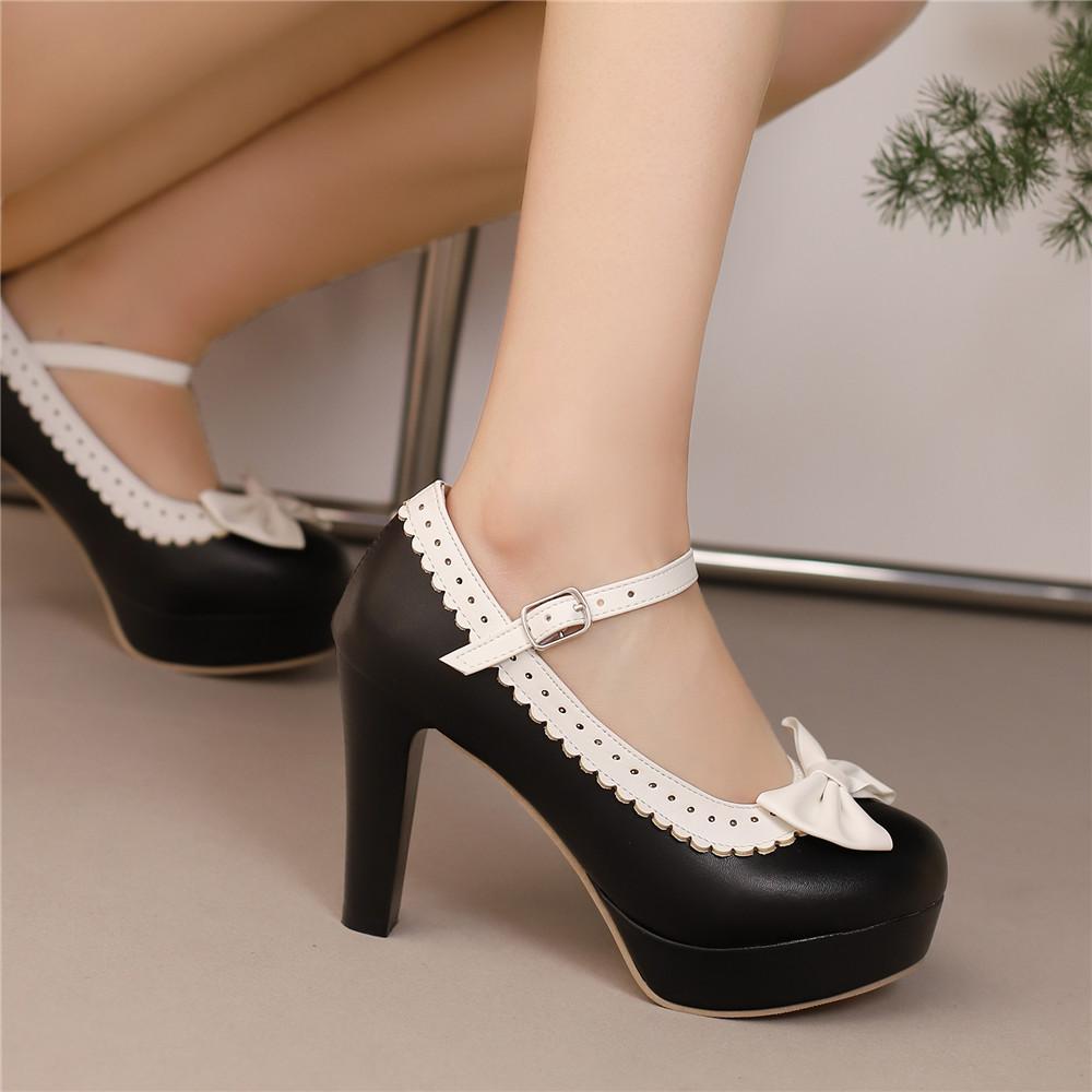 Fashion Spring Autumn Lolita Wedding Shoes For Woman Platform High Heels Mary Janes Shoes Sweet Heels Buckle Strap Dress Shoe Size34-48