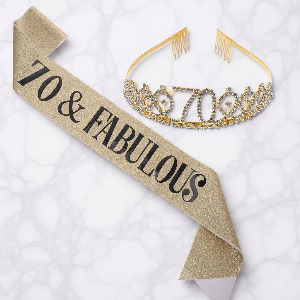 1Set Birthday Crown Tiara Sash Set Glitter Rhinestone Decoration for 70th Birthday Party Women Glamorous