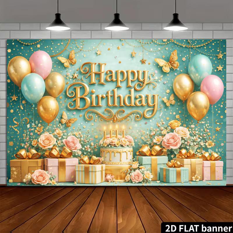 2D Teal Gold Birthday Backdrop Pink Rose Flower Butterfly Photo Background