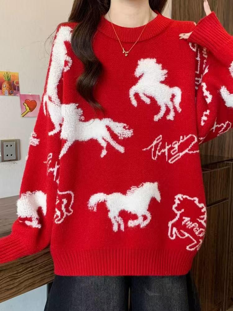 High-End Red Christmas Sweater for Plus Size Women: Loose, Slimming, Super Stylish Knitwear Top