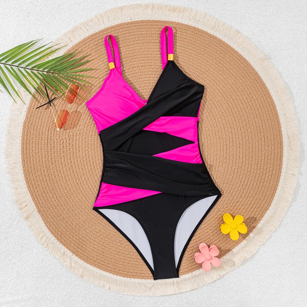 Costume da Bagno Intero Sexy a Blocchi di Colore con Raccoglitura e Incrocio Moda Donna Vacanza al Mare Costume da Bagno Elegante