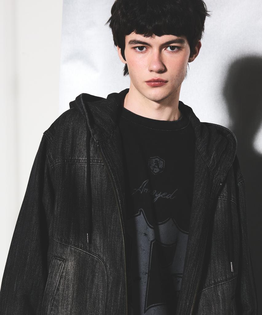 Annoyed Cut Brushed Denim Zip-Up Hoodie Lq1Ju032_Black